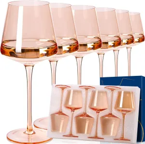 Light Pink Wine Glasses Set of 6,18oz Blush Pink Wine Glassware Gift Set -Light peach Hand Blown Glass Drinkware for Red White Wine