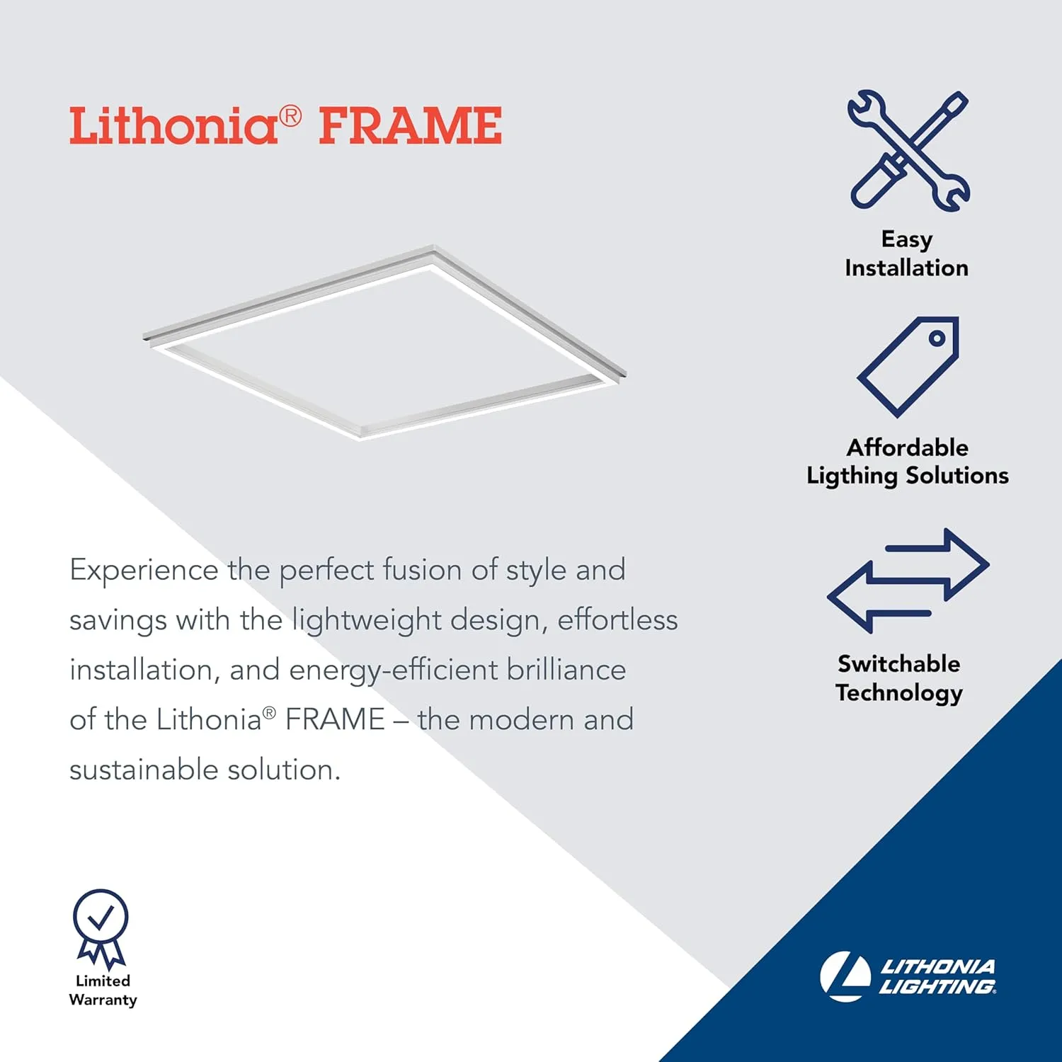 Lithonia Lighting Frame 2x2 LED Lay-in Ceiling Light, 2 ft. x 2 ft. Lighting Fixture for Offices and Classrooms, 3000/4000/5000 Adjustable Lumen Output, 3500K/4000K/5000K Switchable Color Temperature