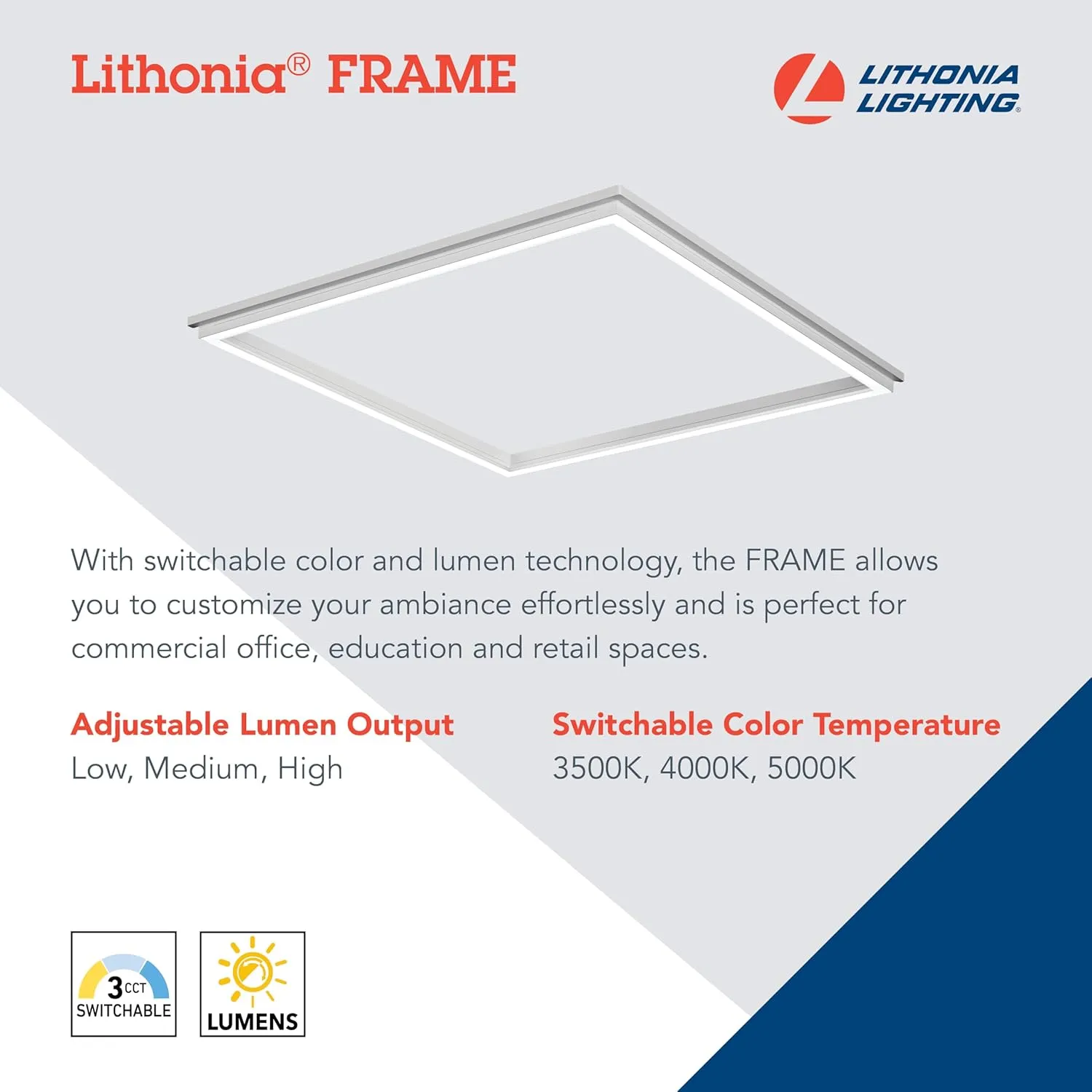 Lithonia Lighting Frame 2x2 LED Lay-in Ceiling Light, 2 ft. x 2 ft. Lighting Fixture for Offices and Classrooms, 3000/4000/5000 Adjustable Lumen Output, 3500K/4000K/5000K Switchable Color Temperature