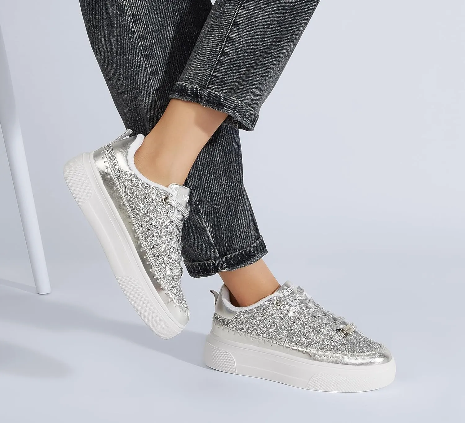 LUCKY STEP Platform Glitter Sneakers for Women Fashion Sparkly Bling Shiny Low Top Tennis Sneakers Faux Leather Casual Walking Shoes