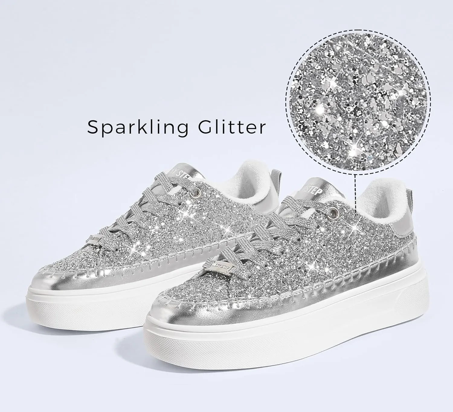 LUCKY STEP Platform Glitter Sneakers for Women Fashion Sparkly Bling Shiny Low Top Tennis Sneakers Faux Leather Casual Walking Shoes