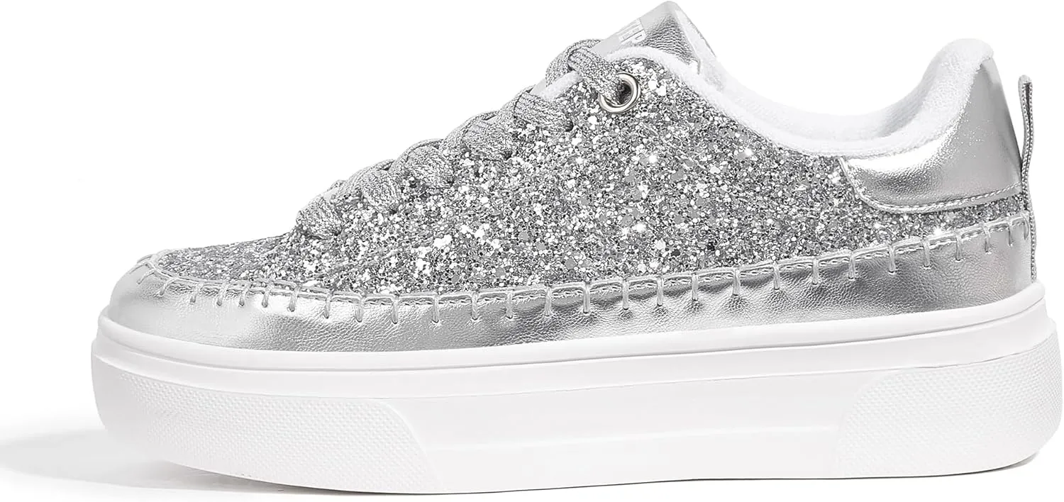 LUCKY STEP Platform Glitter Sneakers for Women Fashion Sparkly Bling Shiny Low Top Tennis Sneakers Faux Leather Casual Walking Shoes