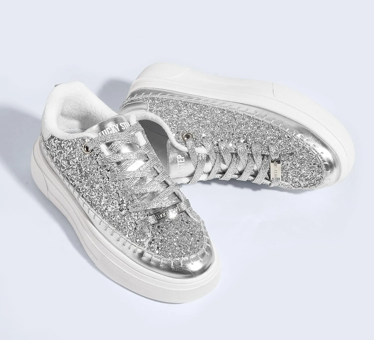 LUCKY STEP Platform Glitter Sneakers for Women Fashion Sparkly Bling Shiny Low Top Tennis Sneakers Faux Leather Casual Walking Shoes