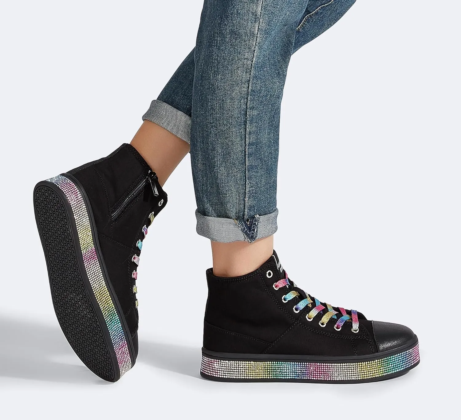 LUCKY STEP Women's High Top Canvas Sneakers Rhinestone Side Zipper Shoes Fashion Sneaker Casual Platform Ankle Boots Walking Canvas Shoes