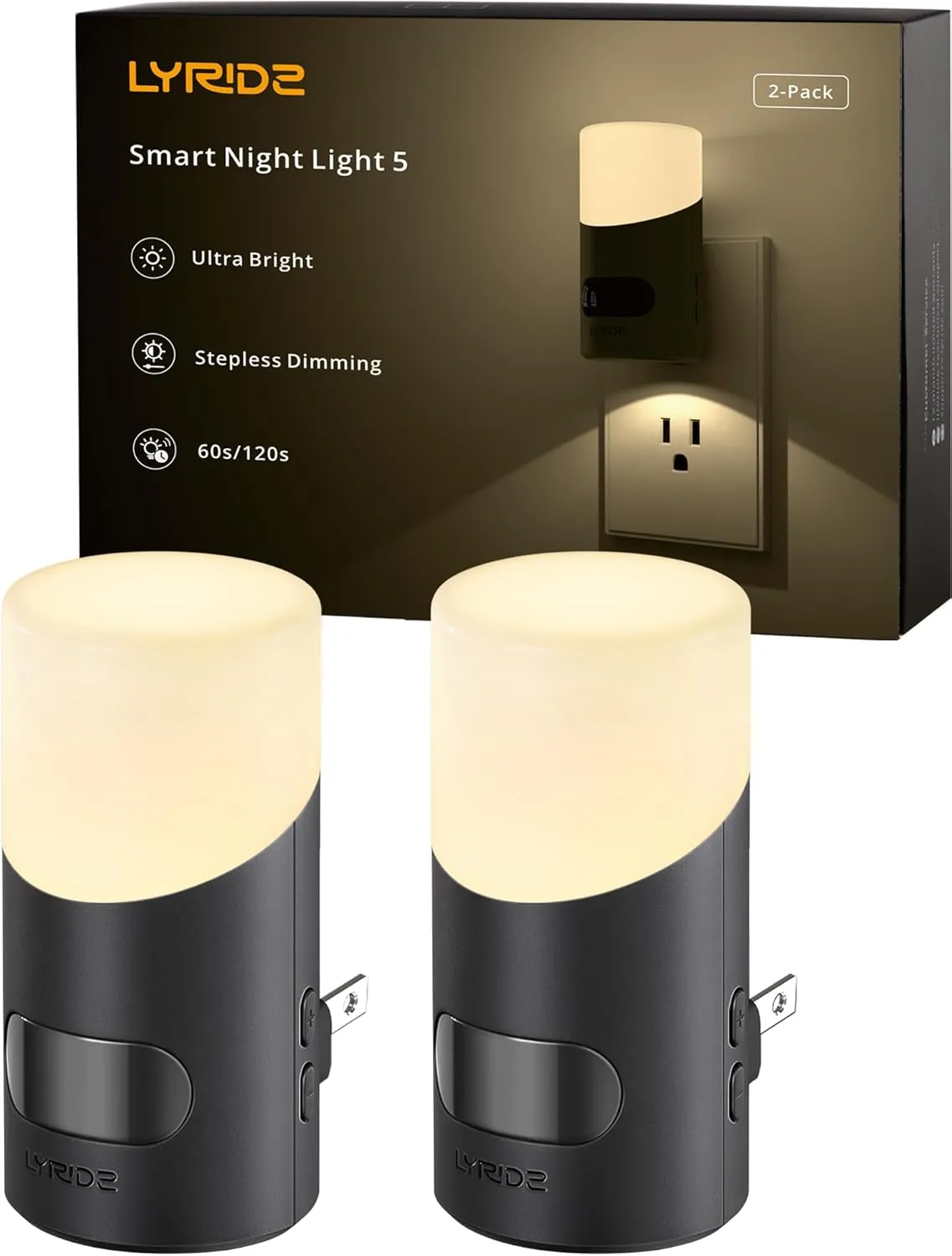 Lyridz LED Night Lights Plug into Wall with Motion Sensor, 1-150LM Dimmable Plug-in Nightlight Indoor for Bedroom, Bathroom, Hallway, Stairs, Pet House, Toilet, 2 Pack