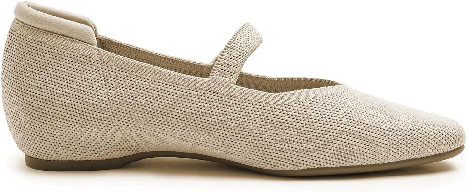 Mary Jane Flat Shoes for Women with Arch Support and Concealed Low Wedge Heel, Comfortable Women Square Toe Ballet Flats Knit Dress Shoes