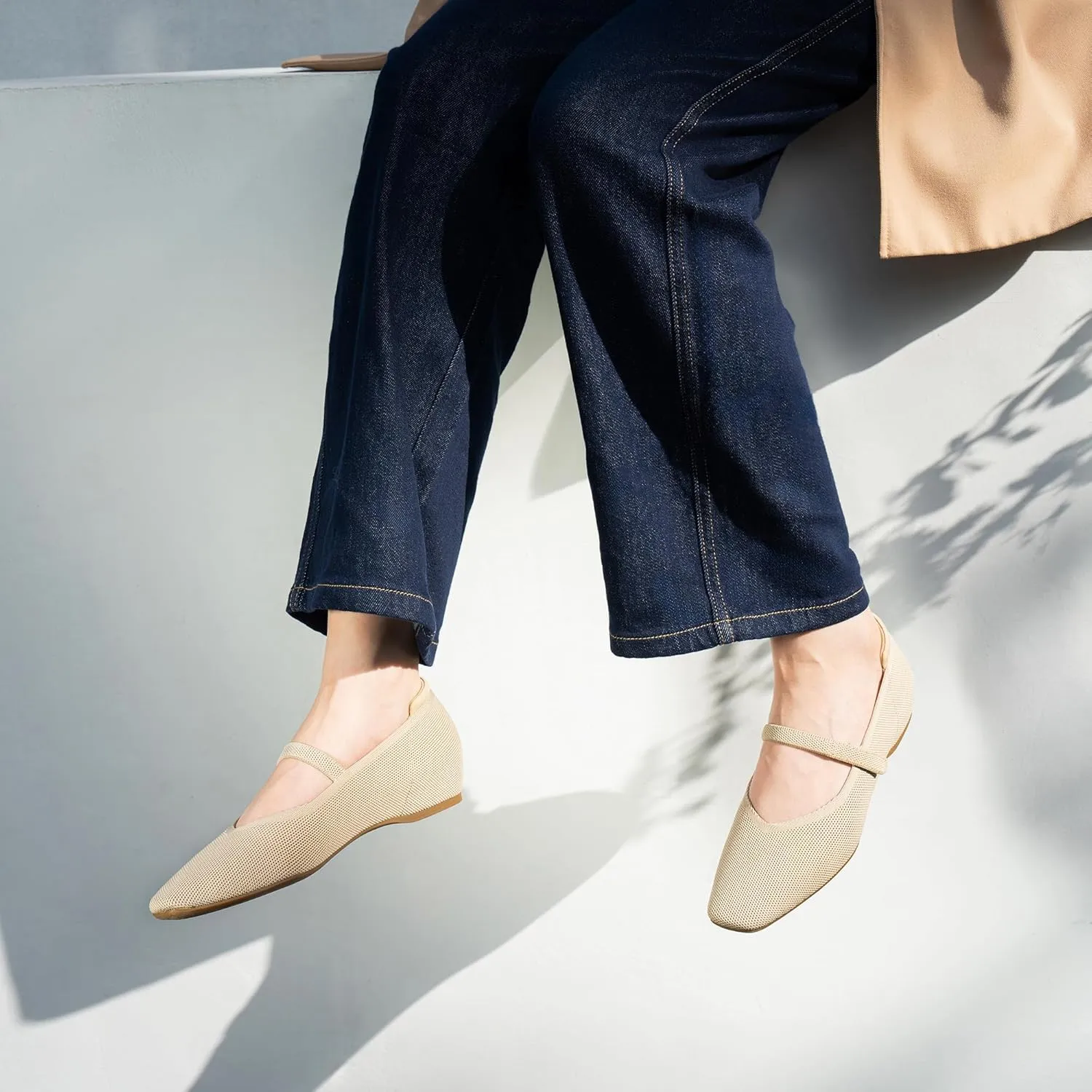 Mary Jane Flat Shoes for Women with Arch Support and Concealed Low Wedge Heel, Comfortable Women Square Toe Ballet Flats Knit Dress Shoes