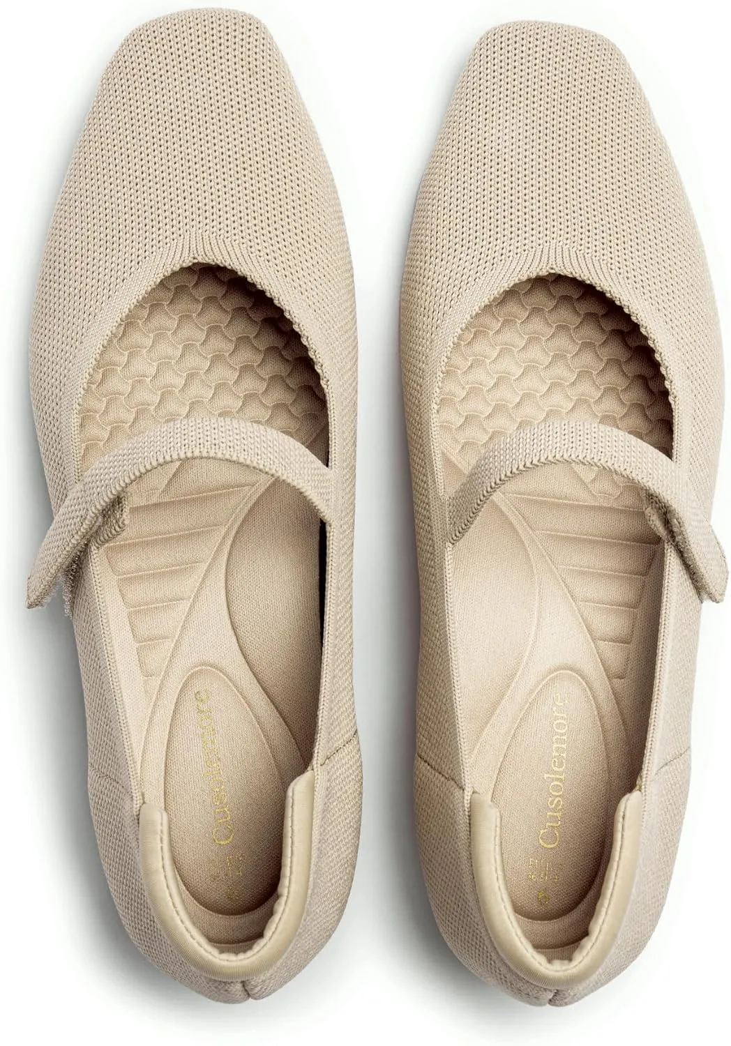 Mary Jane Flat Shoes for Women with Arch Support and Concealed Low Wedge Heel, Comfortable Women Square Toe Ballet Flats Knit Dress Shoes