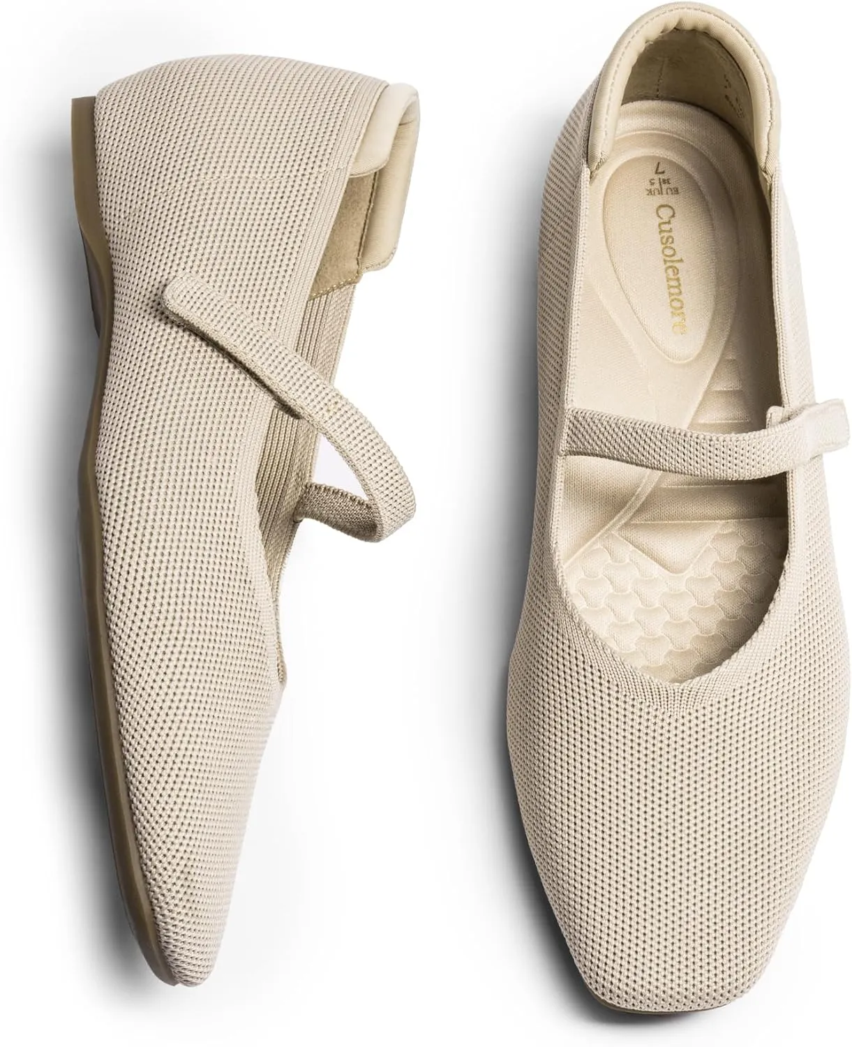Mary Jane Flat Shoes for Women with Arch Support and Concealed Low Wedge Heel, Comfortable Women Square Toe Ballet Flats Knit Dress Shoes