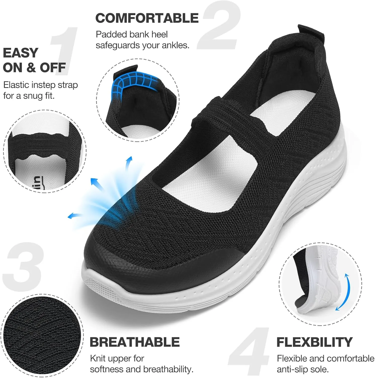 Mary Jane Flats Comfortable Lightweight Walking Shoes Breathable Non Slip Dressy Casual Knit Flats for Women