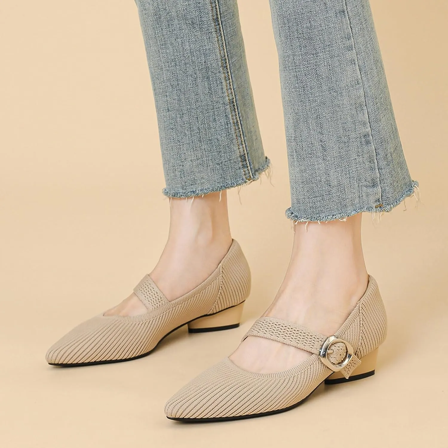 Mary Jane Heels for Women Pumps Shoes Chunky Heel Pointed Toe Low Heel Mesh Comfort Work Dress Shoes