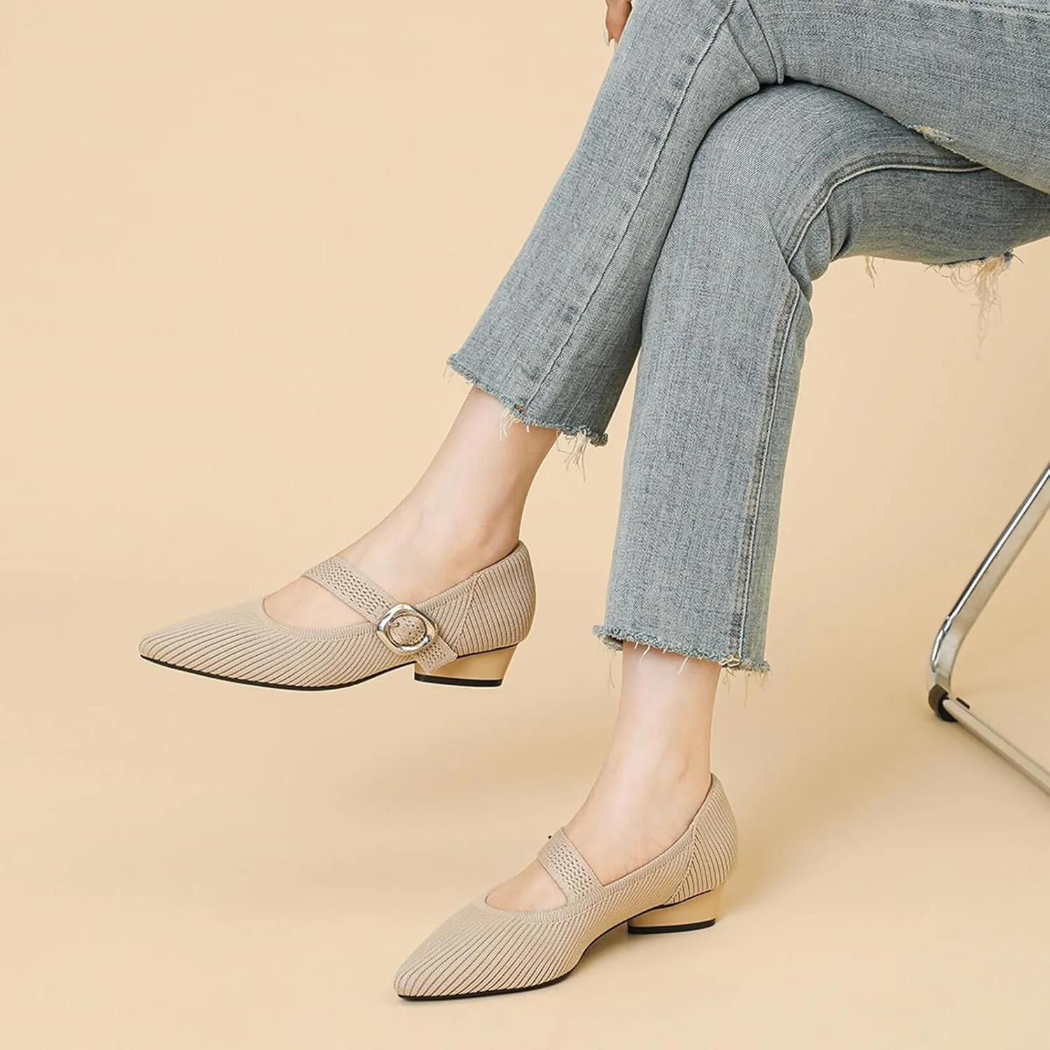Mary Jane Heels for Women Pumps Shoes Chunky Heel Pointed Toe Low Heel Mesh Comfort Work Dress Shoes