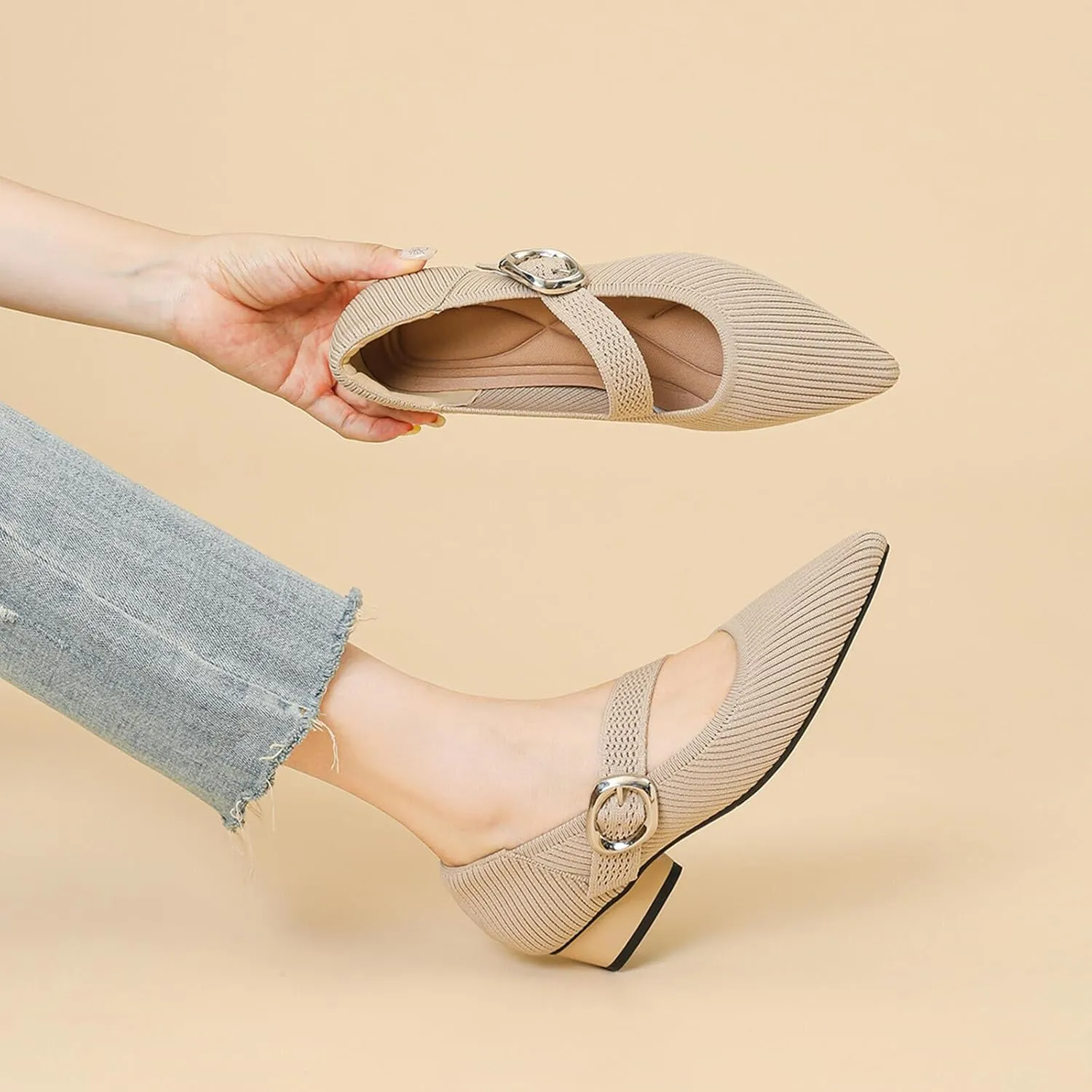 Mary Jane Heels for Women Pumps Shoes Chunky Heel Pointed Toe Low Heel Mesh Comfort Work Dress Shoes