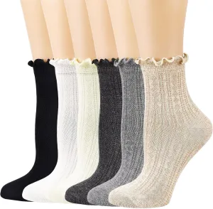 Mcool Mary Womens Crew Socks Ruffle Casual Cotton Frilly Breathable Cute Knit Lettuce Trim Dress Ankle Socks 6 Pack