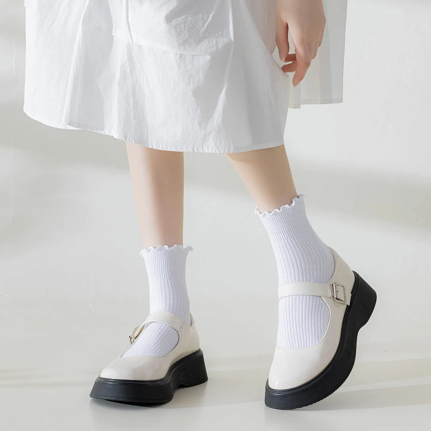 Mcool Mary Women's Ruffle Socks,Casual Cute Ankle Breathable Knit Cotton Soft Frilly Crew Socks for Women 6 Pack