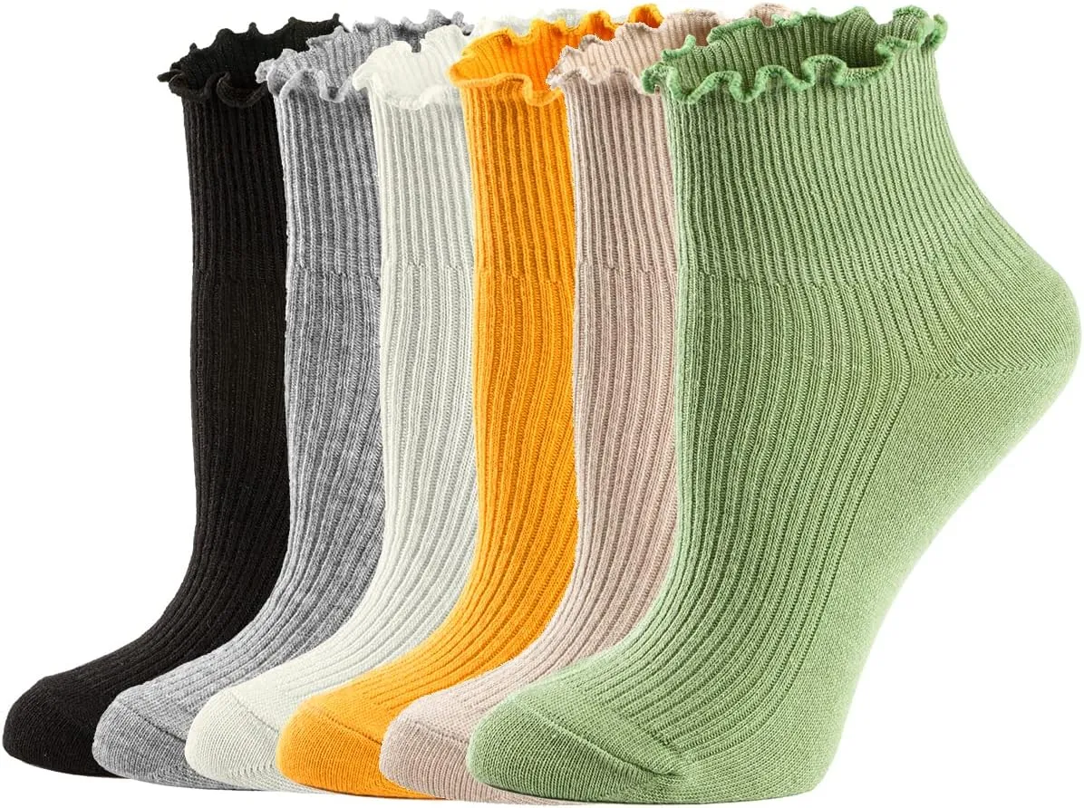 Mcool Mary Womens Socks, Ruffle Turn-Cuff Casual Ankle Breathable Cool Knit Cotton Lettuce Crew Frilly Sock 6 Pack