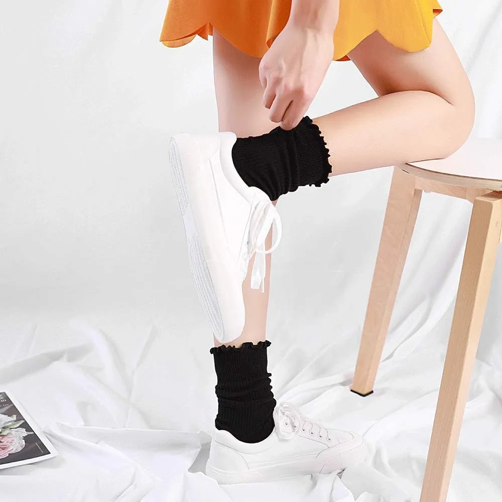 Mcool Mary Womens Socks, Ruffle Turn-Cuff Casual Crew Socks Breathable Cool Knit Cotton Lettuce Ankle Frilly Sock 6 Pack