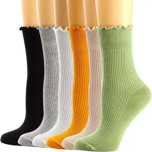 Mcool Mary Womens Socks, Ruffle Turn-Cuff Casual Crew Socks Breathable Cool Knit Cotton Lettuce Ankle Frilly Sock 6 Pack