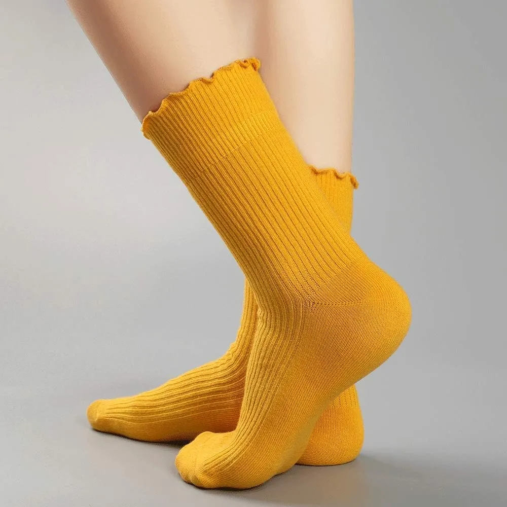 Mcool Mary Womens Socks, Ruffle Turn-Cuff Casual Crew Socks Breathable Cool Knit Cotton Lettuce Ankle Frilly Sock 6 Pack