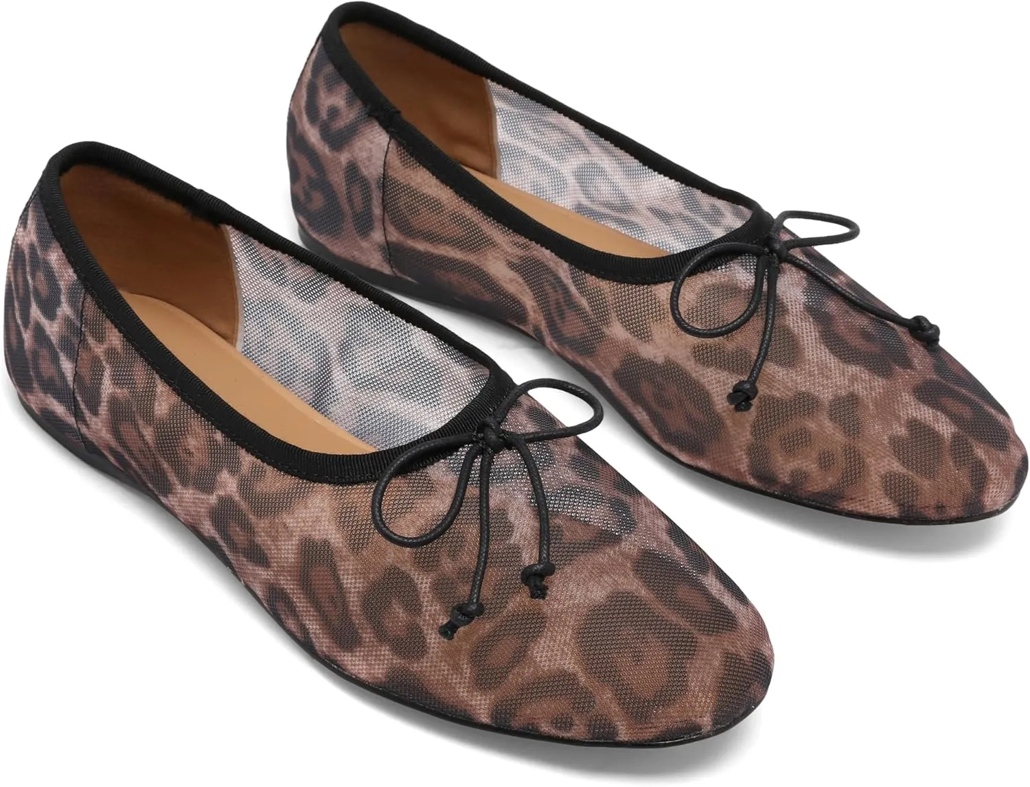 Mesh Leopard Print Ballet Flats for Women Bow Round Toe Mary Jane Flats Comfortable Casual Ballerina Shoes