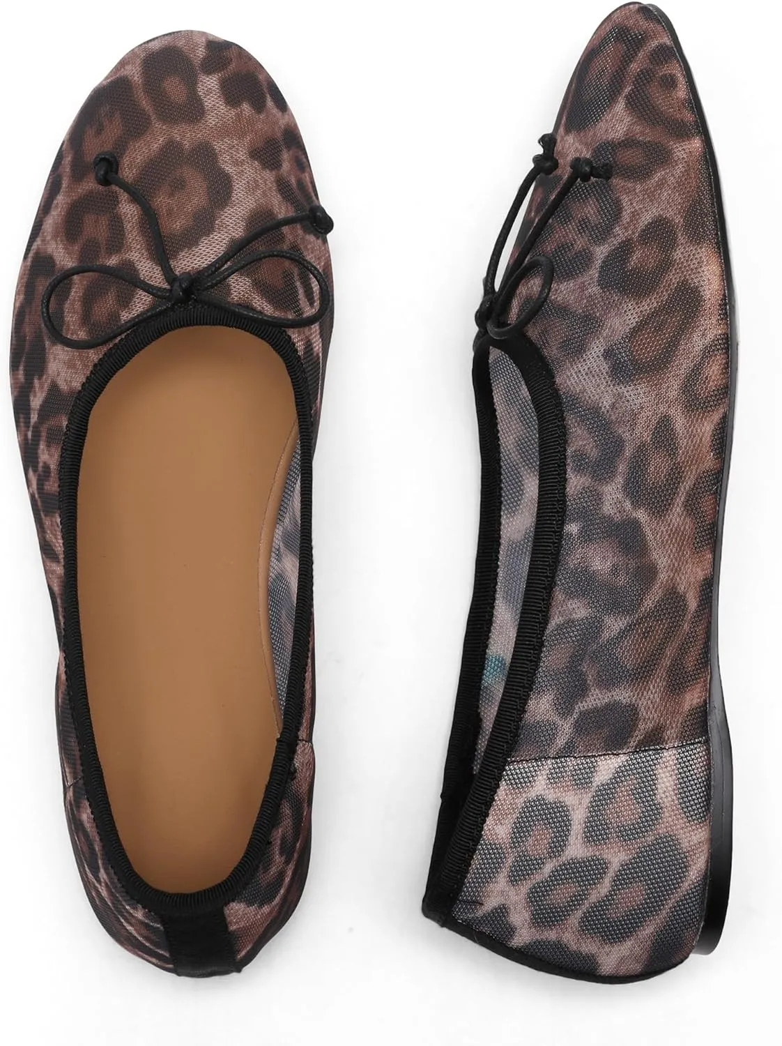 Mesh Leopard Print Ballet Flats for Women Bow Round Toe Mary Jane Flats Comfortable Casual Ballerina Shoes