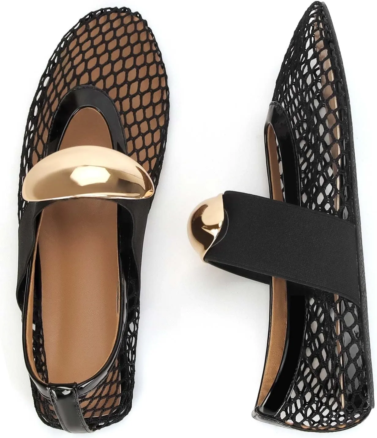 MICIFA Women's Mesh Ballet Flats Fishnet Ballerina Flats Buckle Strap Mary Jane Flats Causal Daily Dress Shoes