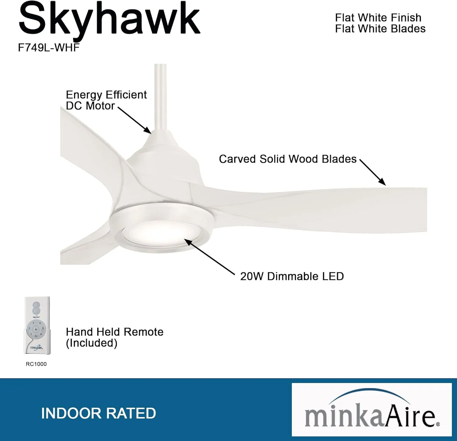 MINKA-AIRE F749L-WHF Skyhawk 60 Inch LED Ceiling Fan with Carved Wood Blades, Integrated LED Light and DC Motor in White Finish
