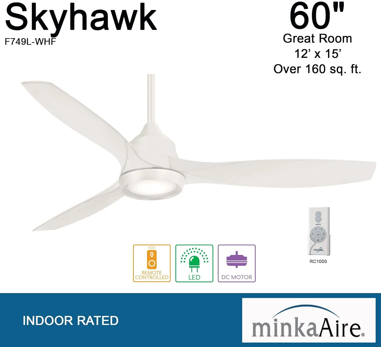 MINKA-AIRE F749L-WHF Skyhawk 60 Inch LED Ceiling Fan with Carved Wood Blades, Integrated LED Light and DC Motor in White Finish