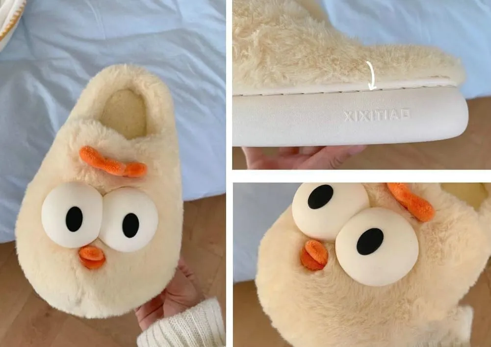 Molodo Furry Big Eyes Chicken Slippers for Women - Cute Warm House Shoes Indoor Non-slip Bedroom Slippers
