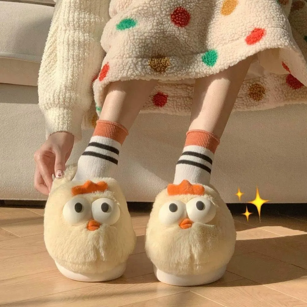 Molodo Furry Big Eyes Chicken Slippers for Women - Cute Warm House Shoes Indoor Non-slip Bedroom Slippers