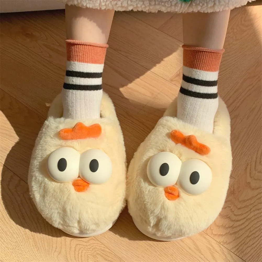 Molodo Furry Big Eyes Chicken Slippers for Women - Cute Warm House Shoes Indoor Non-slip Bedroom Slippers