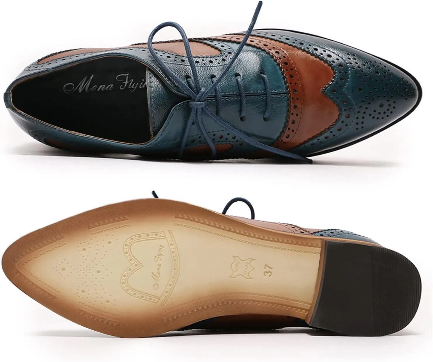 Mona flying Women's Perforated Oxfords Wingtip Brogue Lace up Leather Flat Office Work Shoes for Ladies
