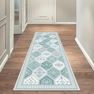 Moroccan Trellis Runner Rug - 2x6 Hallway Runner Rugs with Non-Slip Backing Low-Pile Washable 2x6 Printed Rug Runners for Hallway Kitchen Farmhouse Bathroom Laundry Room Bedroom- Teal
