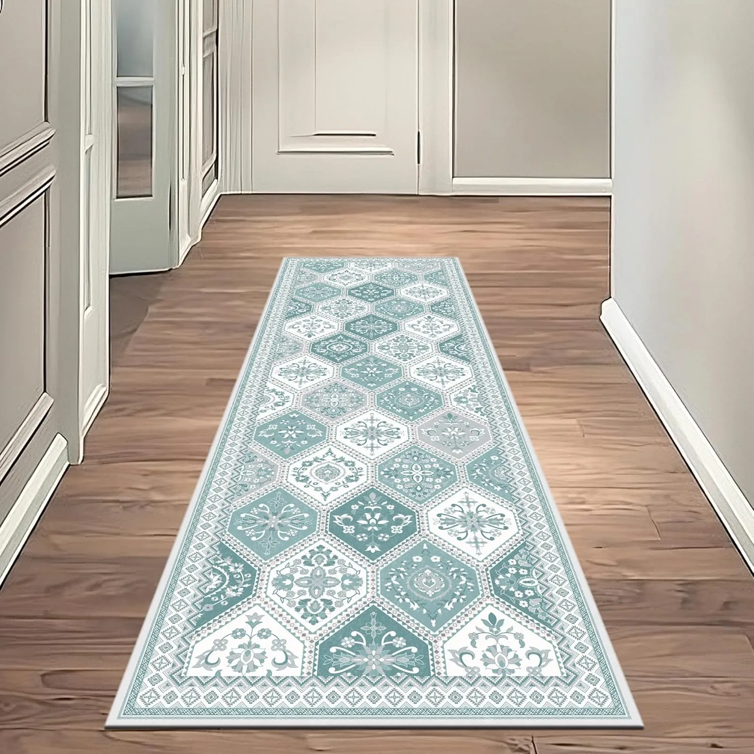 Moroccan Trellis Runner Rug - 2x6 Hallway Runner Rugs with Non-Slip Backing Low-Pile Washable 2x6 Printed Rug Runners for Hallway Kitchen Farmhouse Bathroom Laundry Room Bedroom- Teal
