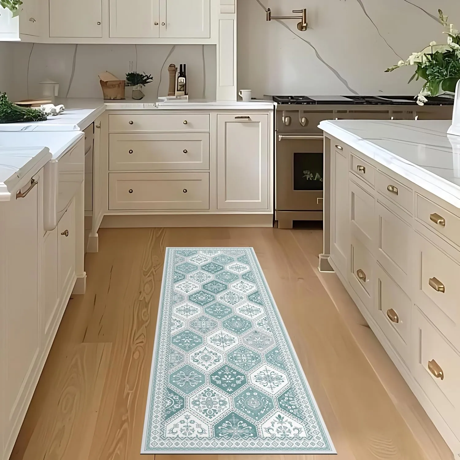 Moroccan Trellis Runner Rug - 2x6 Hallway Runner Rugs with Non-Slip Backing Low-Pile Washable 2x6 Printed Rug Runners for Hallway Kitchen Farmhouse Bathroom Laundry Room Bedroom- Teal