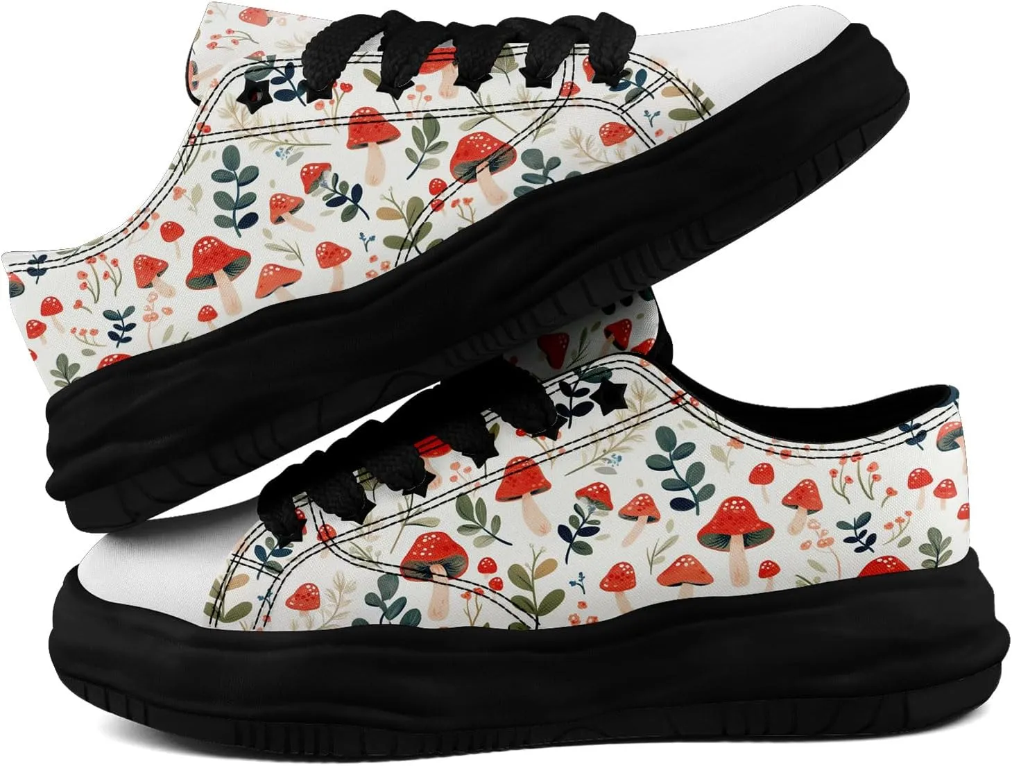 Mushroom Floral Canvas Sneakers for Women's Men's Low-Top Trendy Lace-Up Walking Casual Shoes Spring Summer Footwear