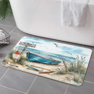 Nautical Coastal Bath Rugs for Bathroom, Ocean Beach Non Slip Flannel Bathroom Rug, Blue Teal Seasides Sailboat Dry Fast Water Absorbent Bath Mats, 17x29 Inch