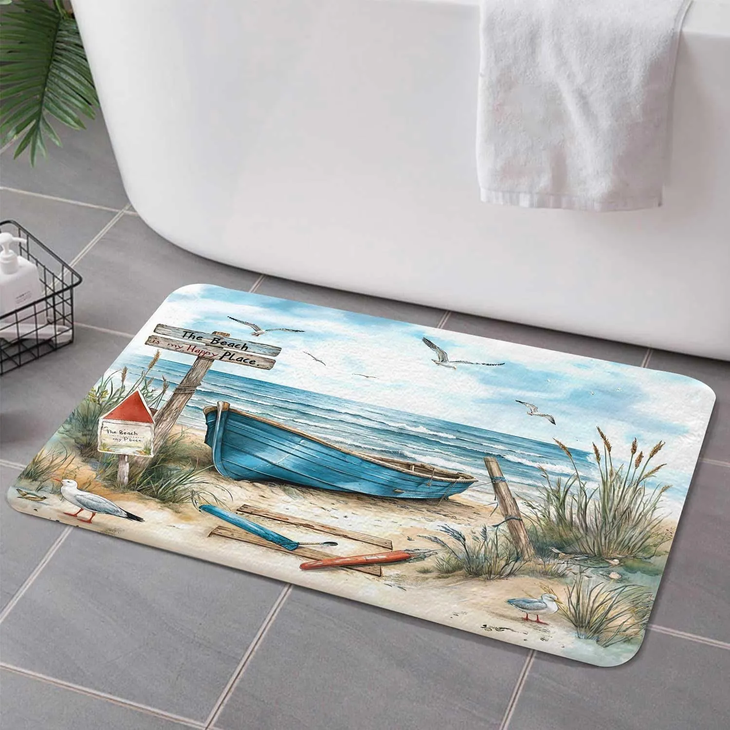 Nautical Coastal Bath Rugs for Bathroom, Ocean Beach Non Slip Flannel Bathroom Rug, Blue Teal Seasides Sailboat Dry Fast Water Absorbent Bath Mats, 17x29 Inch