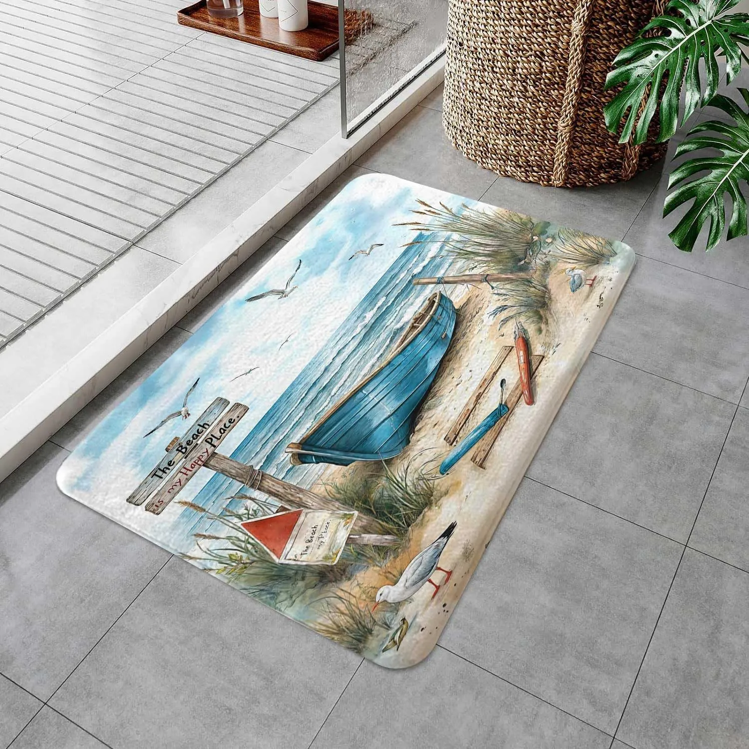 Nautical Coastal Bath Rugs for Bathroom, Ocean Beach Non Slip Flannel Bathroom Rug, Blue Teal Seasides Sailboat Dry Fast Water Absorbent Bath Mats, 17x29 Inch