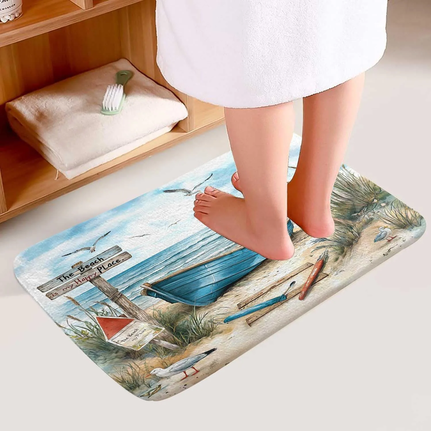 Nautical Coastal Bath Rugs for Bathroom, Ocean Beach Non Slip Flannel Bathroom Rug, Blue Teal Seasides Sailboat Dry Fast Water Absorbent Bath Mats, 17x29 Inch