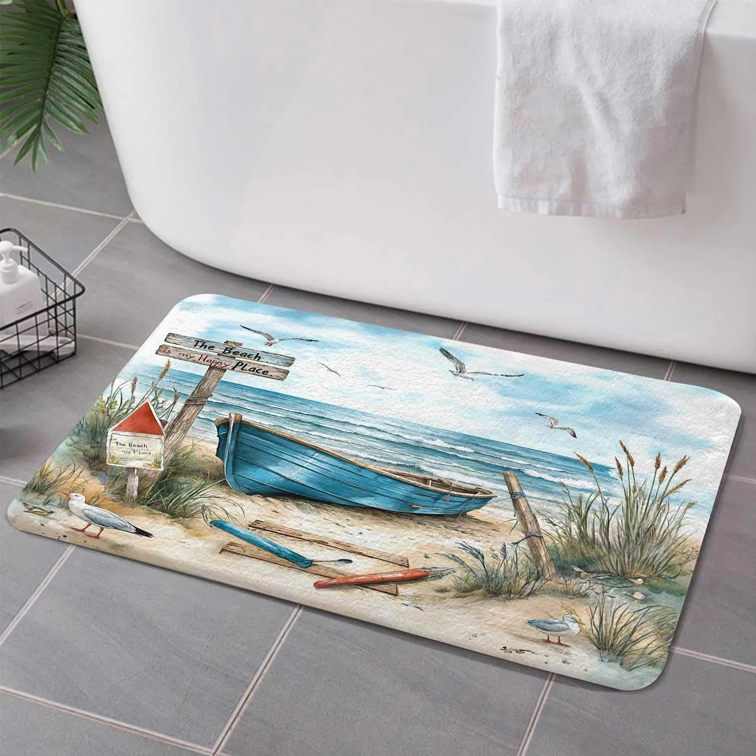 Nautical Coastal Bath Rugs for Bathroom, Ocean Beach Non Slip Flannel Bathroom Rug, Blue Teal Seasides Sailboat Dry Fast Water Absorbent Bath Mats, 17x29 Inch