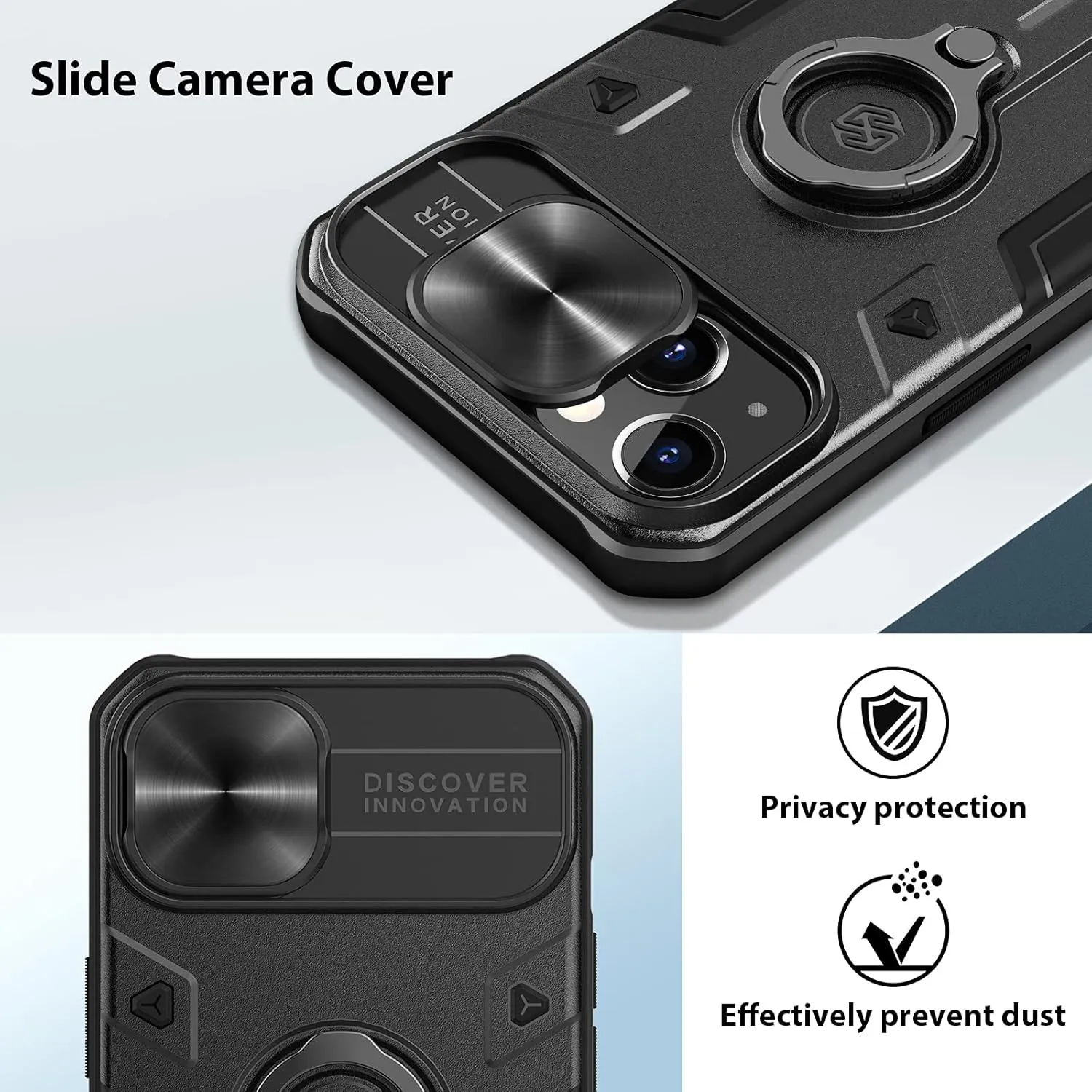 Nillkin Designed for iPhone 13 Case - CamShield Armor Case with Camera Cover & Kickstand, Military Grade Case with Slide Camera Protection Cover and Rotate Ring Stand, Black