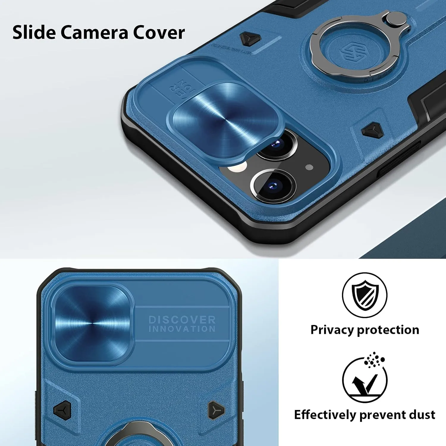 Nillkin iPhone 13 Case with Kickstand & Camera Cover, CamShield Armor Case with Slide Camera Protection Cover and Rotate Ring Stand, Military Grade Shockproof Cover, Blue