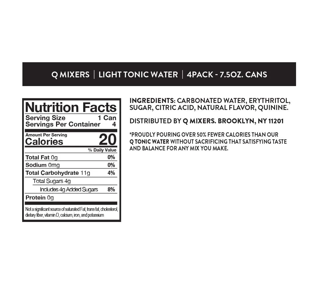 Q LIGHT TONIC WATER with Real Quinine & Organic Agave - Ideal for Cocktails & Mocktails - Made with Real Ingredients, Perfectly Carbonated, & Less Sweet - 20 Calories per Can - 7.5 Fl Oz (Pack of 24)