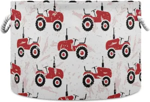 Red Old Wheeled Tractors Round Collapsible Waterproof Storage Bin with Sturdy Handle Decorations for Gift Gift Toys