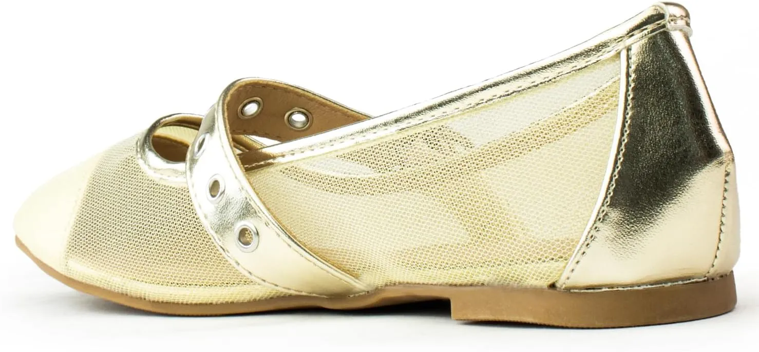 RF ROOM OF FASHION Women's Buckle Strap Mary Jane Mesh Ballet Flats
