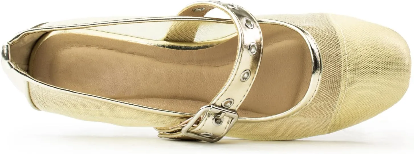 RF ROOM OF FASHION Women's Buckle Strap Mary Jane Mesh Ballet Flats
