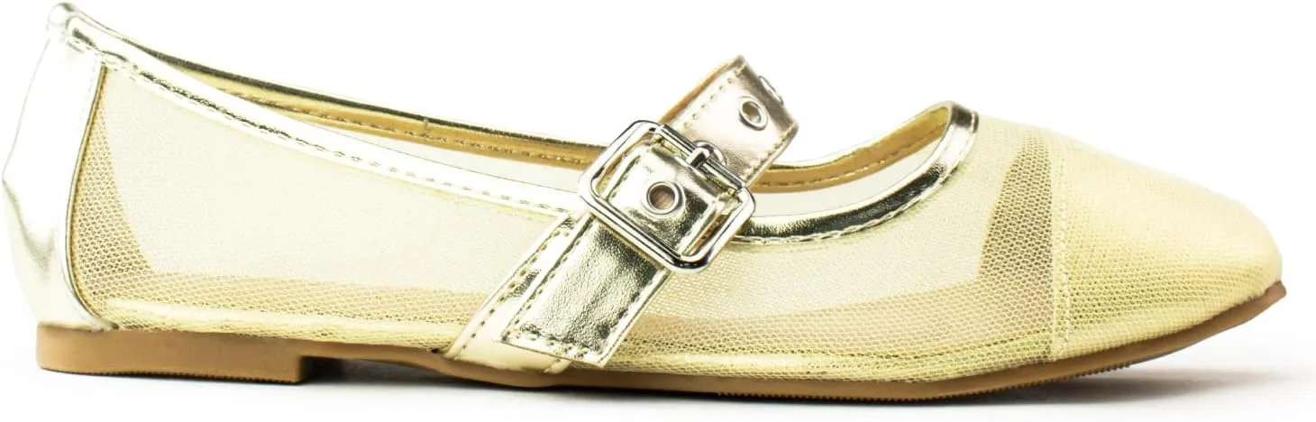 RF ROOM OF FASHION Women's Buckle Strap Mary Jane Mesh Ballet Flats