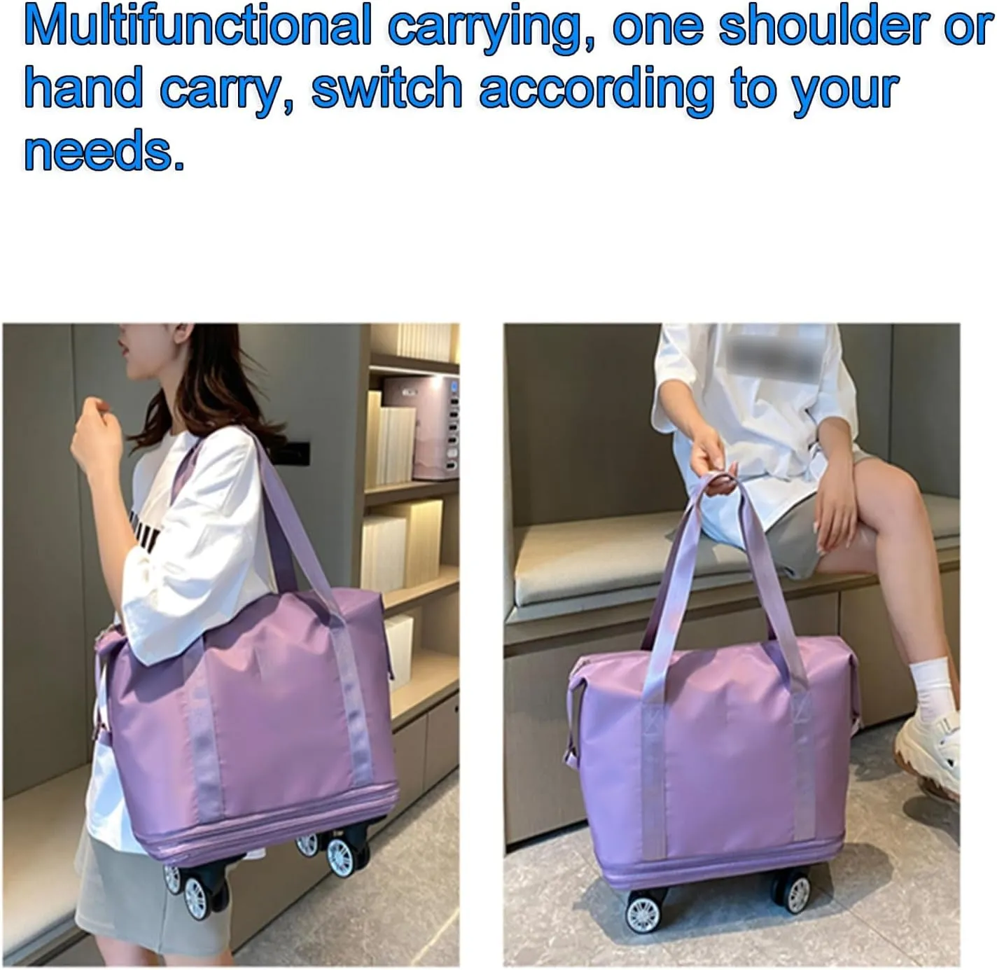 Rolling Duffle Bag with Removable Wheels - Expandable Water-Resistant Travel Bag 360° Spinner Gym Bag for Sports & Swimming Gear with Dry/Wet Compartment(Black)