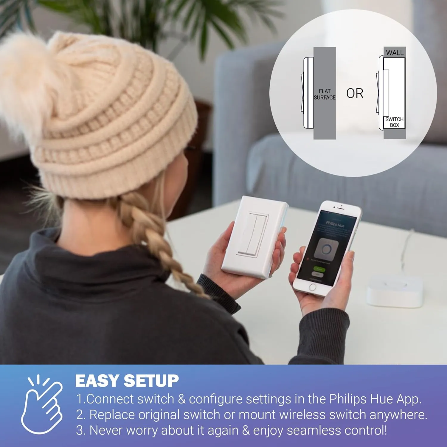RunLessWire Click for Philips Hue Wireless Battery Free Dimming Smart Switch Friends of Hue Bulb Lighting Control Works with All Home Automation Hubs Through Bridge & App Self Powered - Ivory